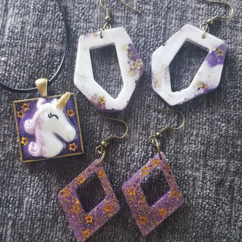 Unicorn Pendant and Purple and Gold Star Earrings
